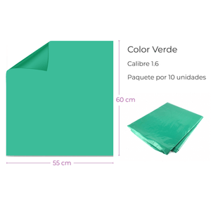 Bolsa Plástica Verde 55X60Cm Calibre 1.6 Alta Densidad Material Recuperado Paquete  X 10
